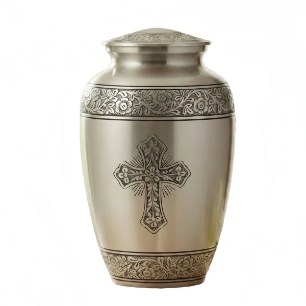 Eternal Serenity Silver Cross Floral Brass Cremation Urn (Pewter & Black Finish)