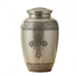 Eternal Serenity Silver Cross Floral Brass Cremation Urn (Pewter & Black Finish)